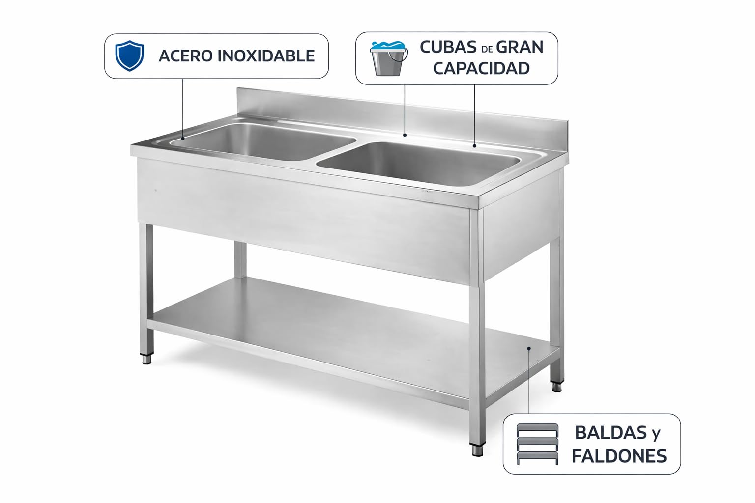 Fregadero Industrial 2 Senos de Acero Inoxidable 120x60 cm con Bastidor y Balda Inferior – Fregadero Profesional Hostelería con Patas Regulables, Doble Seno 45x45x28 cm para Cocina Industrial