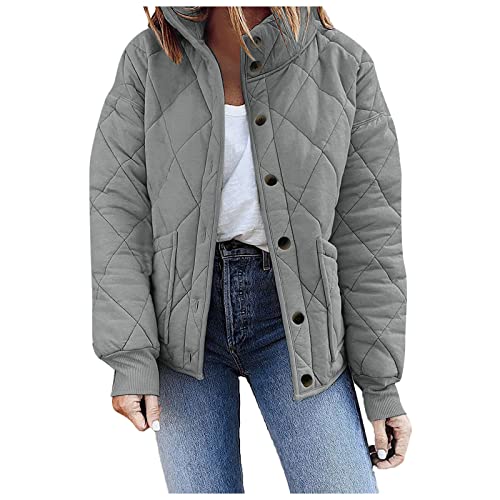 L9WEI Mujer Otoño Invierno cuello alto chaqueta casual monocolor entrecruce mujer chaqueta corta acolchada manga larga abrigo de invierno, gris, XXL