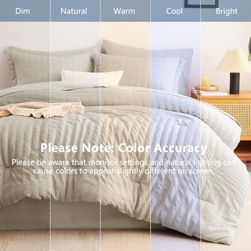Image of CozyLux Oversized Queen Comforter Set with Sheets, 7 Pieces 98 inchx98 inch Beige Seersucker Bed in a Bag, Luxury Soft Bedding Set with Down Alternative Comforter, Sheets, Pillowcases & Shams, Bedroom Bed Set