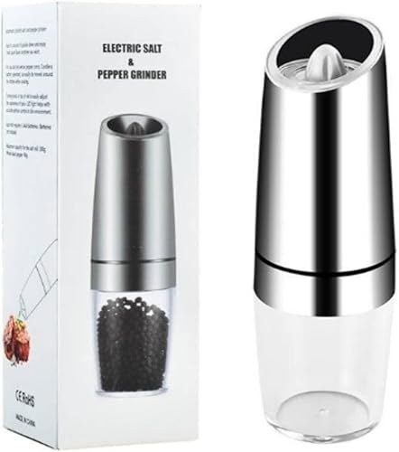 Rachel Broz Molinillo de sal y pimienta por gravedad individual, eléctrico automático con masa, negro, grosor ajustable con luz LED azul, operación