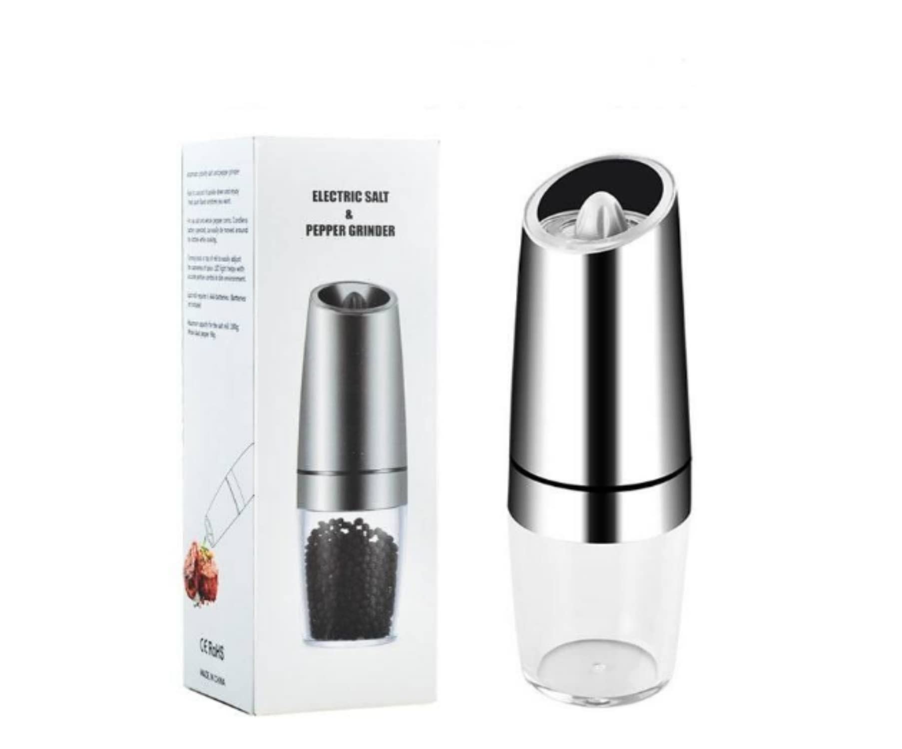 Rachel Broz Automatic Batter Powered Gravity Electric Salt and Pepper Mill/Grinder Set, Stainless Steel, Adjustable Coarseness with Blue LED Light, One Hand Operation (Silver)