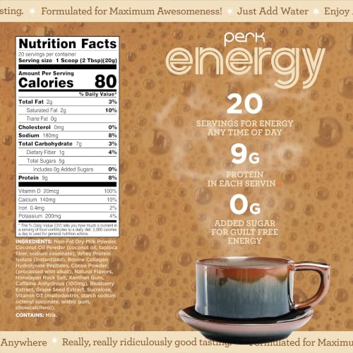 Image of Perk Energy Drink Mix (Tan Mocha Latte) 20 Servings - Caffeinated Healthy Coffee Alternative with Protein, 100mg of Caffeine, Gluten-Free, Soy-Free, Peanut-Free