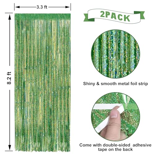 Image of 2 Pack Laser Green Foil Fringe Curtains Streamers Party Decorations 3.3 x 8.2 ft, Tinsel Curtain Fringe Backdrop for Parties, Door Fringe Birthday Streamers, Photo Booth Backdrops, Party Decor