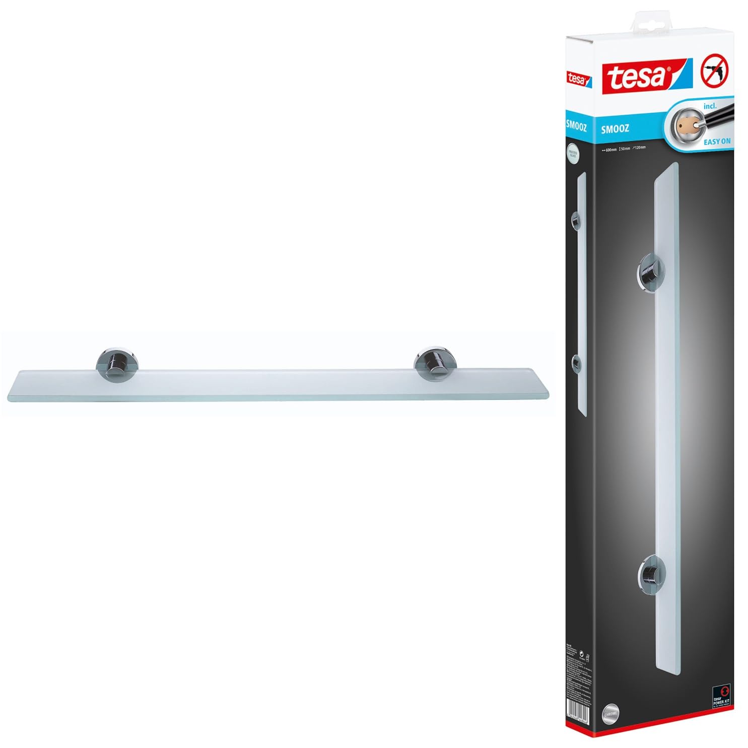 tesa Estante de Cristal para Baño SMOOZ - Estante de Cristal Satinado y Metal Cromado - Inoxidable - Resistente al Agua - Incluye Solución Adhesiva de Montaje