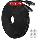 Cable Ethernet 30 Metros, Cable de Red Plano Latiguillo Rj45 Cat 6 Cable Network Gigabit Negro Alta Velocidad Cable Internet 30 Metros para Router, Módem, Switch
