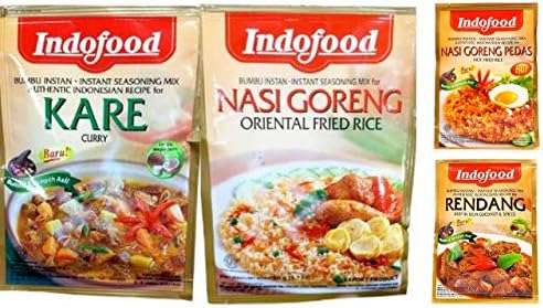 Indofood Seasoning Mix Variety Bundle, 1.5 oz packet (Pack of 4) includes 1-Packet Kare + 1-Packet Nasi Goreng Pedas + 1-Packet Nasi Goreng + 1-Packet Rendang