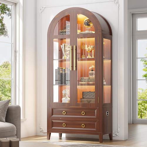 Image of LVSOMT 71 inch Arched Display Cabinet with Glass Doors and Lights, Walnut