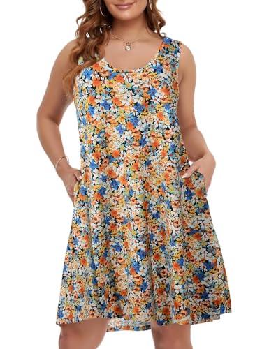 Image of BELAROI Women Plus Size Sundress Summer Casual Sleeveless Tshirt Dress Tie Dye Swing Tank Dresses with Pockets Beach Cover up