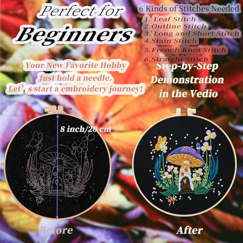 Image of FONNUY Crewel Embroidery Kit for Beginners, Pre-Stamped Pattern Kits for Adults with Hoop, Easy to Follow Color Thread Needlework, 8'' Hoop (Mushroom C)