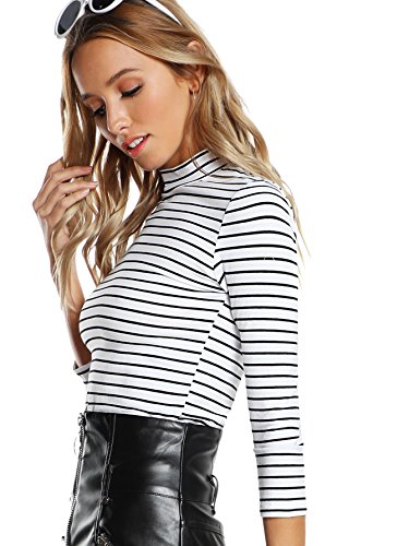 Floerns Women's High Neck Long Sleeve Slim Fit Stretch Striped T-Shirts White and Black, S