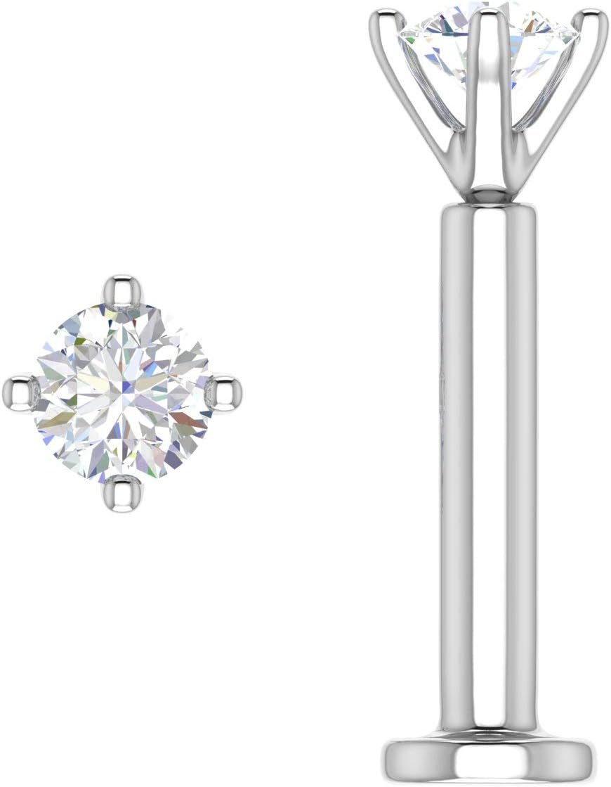 1/10 Carat 4-Prong Solitaire Diamond Nose Pin Screwback Nose Stud in 14k White Gold (SI1-SI2 Clarity)