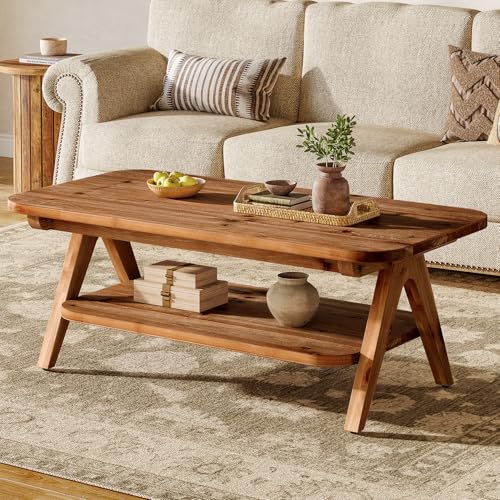 TRIBEWOOD Solid Wood 2-Tier Coffee Table with Storage Shelf, 47' Brown Farmhouse Center Table for Living Room