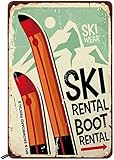 TOPYUN Blechschilder für Ski Verleihung, Skifahren, Stiefel, Vintage-Metall-Blechschild für Männerhöhle, Wanddekoration für Bars, Restaurants, Cafés, Pubs, 30,5 x 20,3 cm