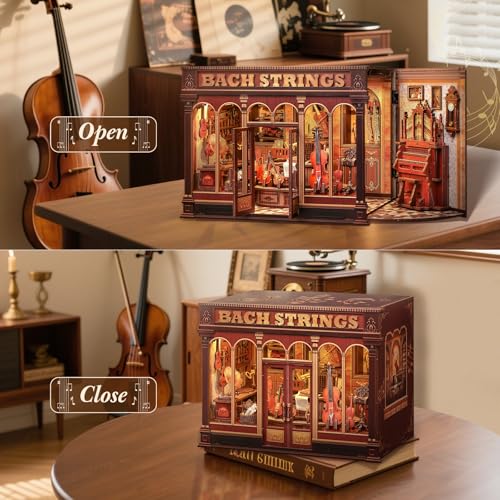 Image of CUTEBEE Book Nook Kit - DIY Dollhouse Miniature House Musical Room, 3D Wooden Puzzle & Music Style Miniature House Build Yourself, Book Library Gifts for Family and Friends (Bach Strings)