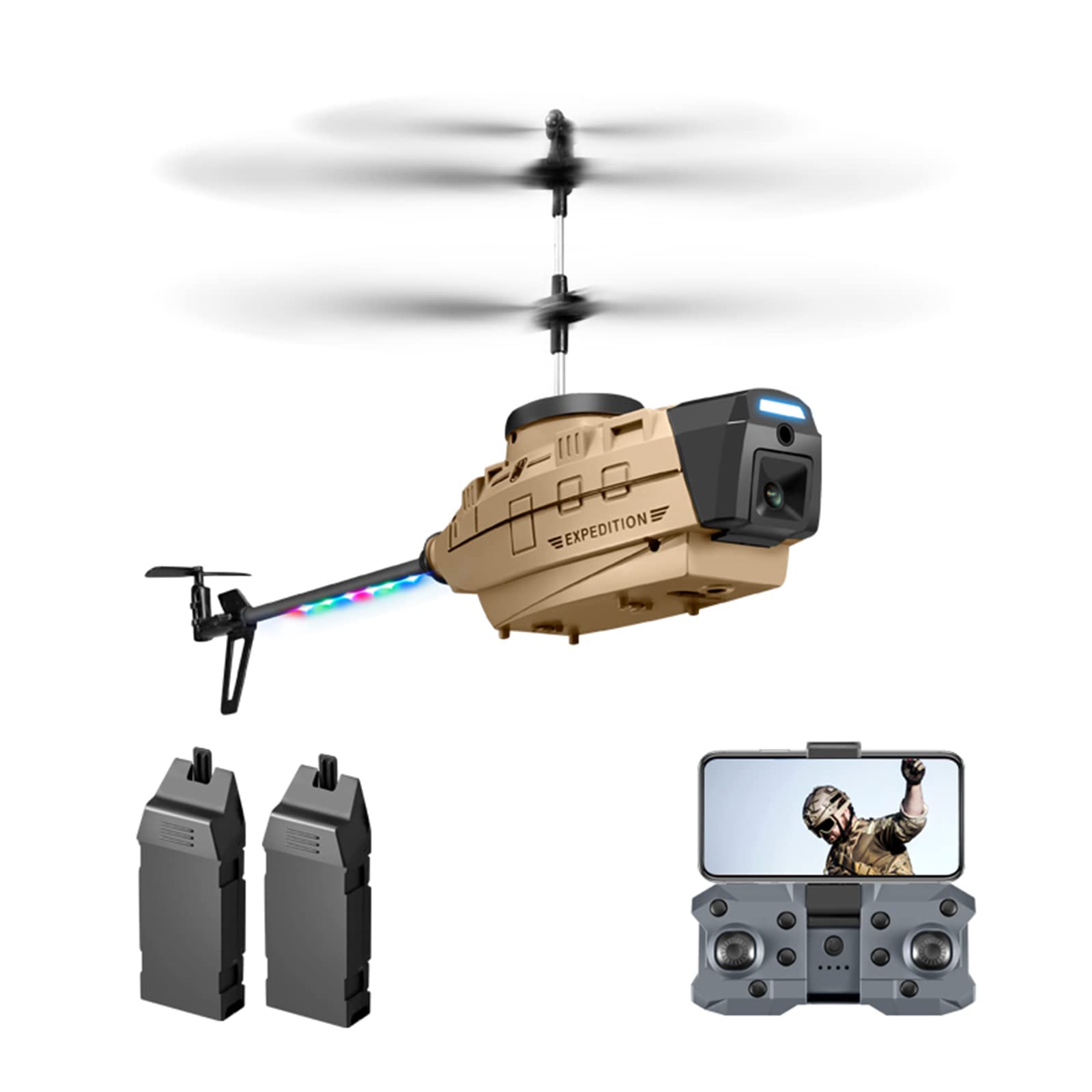 Helicopteros Teledirigidos RC Mini Drone Helicoptero Juguete Hélice única sin alerones Estabilización de giroscopio de 6 Ejes con 4K Lente Frontal + 1080P Lente Inferior para Evitar obstáculos (A)