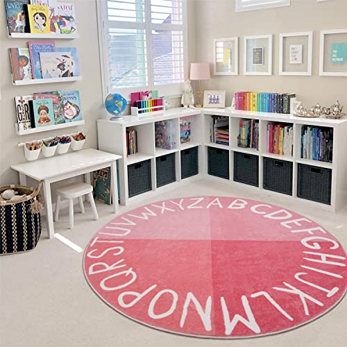 LIVEBOX ABC Pink Round Kids Rug for Girls Bedroom, Circle Nursery Area Rug Princess Washable Rug for Playroom, Non-Slip Crawling Play Mat Alphabet Learning Carpet for Teen Dorm (59