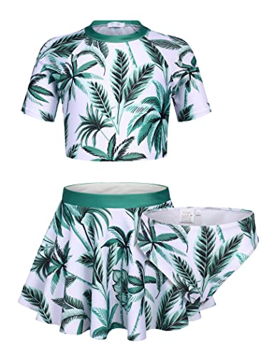Arshiner Girls Short Sleeve 3-Piece Swimsuits Cropped Rash Guard Swim Set Bikini Bathing Swimsuits Green Floral Cover Up Skirt Beachwear #TOP16