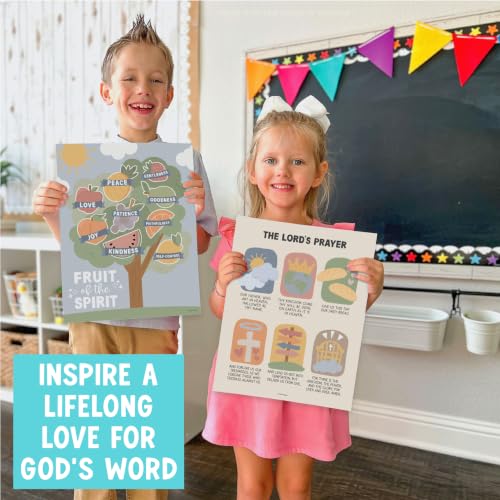 Image of Hadley Designs Sunday School Decorations for Classroom -9 Bible Posters for Kids, Books of the Bible, 10 Commandments, Bible Timeline Chart, Fruits of the Spirit, Boho Christian Classroom Decor