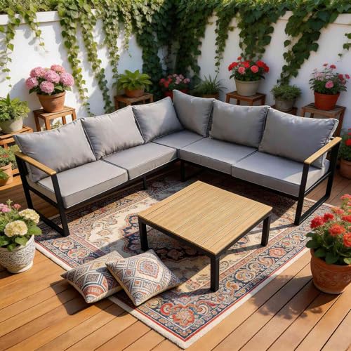 Image of BIRCHTREE 5-Seater Garden Furniture Set L-Shaped Corner Sofa Conversation Set with Coffee Table, 3-Seater, 2-Seater, with Armrest, Thick Padded Cushion, Outdoor Dining Patio Furniture Set Grey