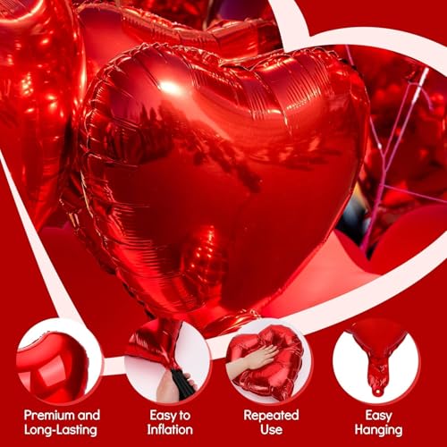 Red Heart Balloons, 22 Pcs 18 Inch Heart Shape Foil Balloons and 1 Pc 43 Inch Love Foil Balloon, Helium Balloon Decorations Kit for Valentines Anniversary Party Engagement Wedding Bridal Shower - Image 2