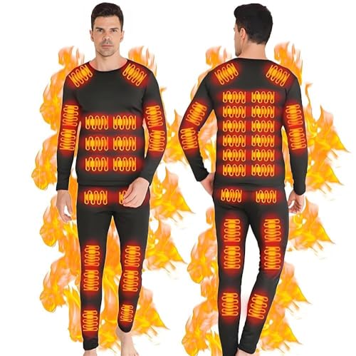 GHKWXUE Heated Thermal Underwear for Men USB Charge 42 Zone Intelligent Heated Long Underwear for Men,This Heated Thermals for Men's Fleece Lining That can be Worn Inside or outside-Black/2XL