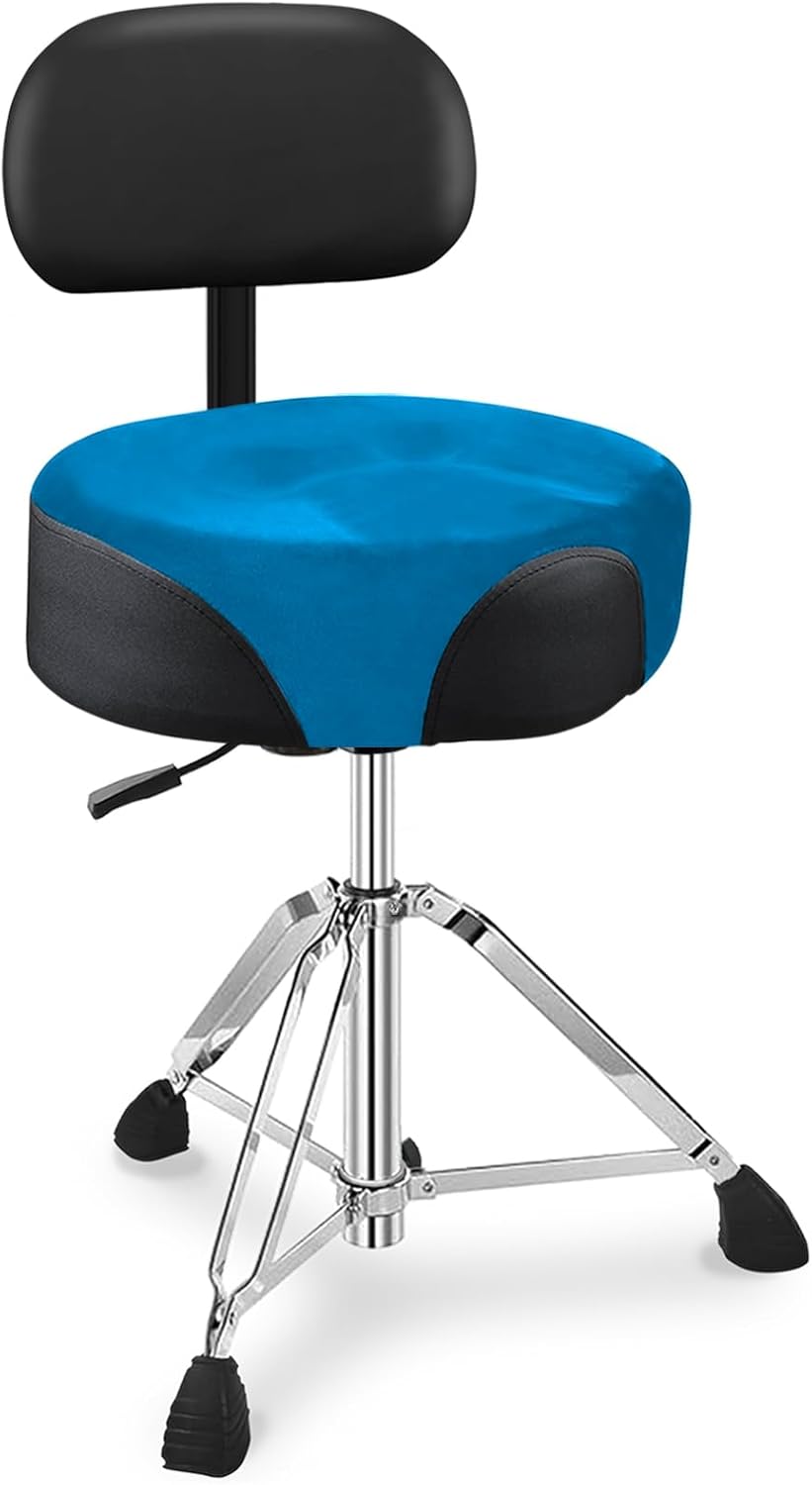 Pro Drum Stool with Backrest, Heavy Duty Hydraulic Drum Throne, Velvet-Covered Ergonomic Memory Foam Drum Seat, Adjustable Drum Chair Anti-Slip Base, Drum Saddle Bench for Drummers (Blue)