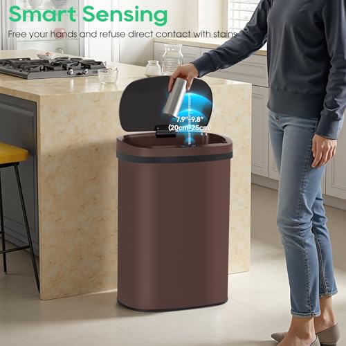 Image of BestOffice | 13 Gallon Stainless Steel Trash Can with Lid | Brown | Automatic Touchless Garbage Can | Odor Control | Modern Oval Design | Easy to Clean | Fits Any Kitchen, Bathroom, Office or Home