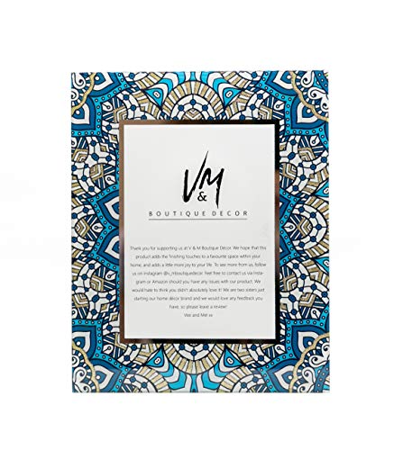 Photo Picture Print Frame 4X6 Blue Boho Bohemian Glass Design With Hook, Tabletop Stand And Mount For Home Décor, Family, Kids And Couple Photos, Or Gift Modern Navy Turquoise Geometric Design #TOP4