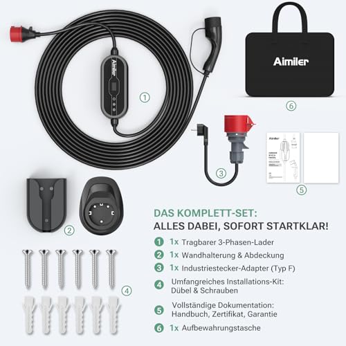 AIMILER Wallbox 11kW mit App, 400V (8-16A) 3 phasig 7,6M Mobile Ladestation CEE Typ 2 Ladekabel IP66 OLED EV Ladegerät Portabel/Wandmontage für Model Y/3, ID.3/4/5, MG4,Zoe und andere PHEV/EV