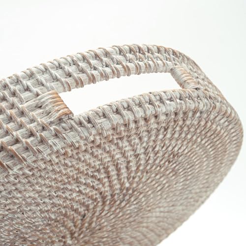30cm Round Hand-Woven Rattan Tray: Serving Tray with Handles, Wicker Basket, Decorative Home Tray in Whitewash Finish - Image 3