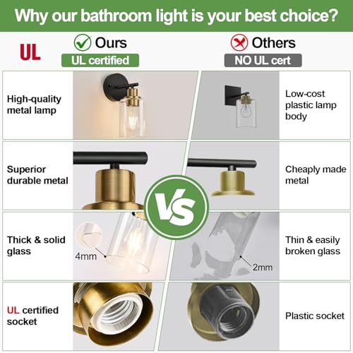 Image of Zarbitta Set of 2 Wall Sconces for Bathroom, Black and Gold Modern Vanity Lights with Clear Glass Shade,Bathroom Wall Lamp for Mirror Kitchen Living Room Hallway Cabinet Porch