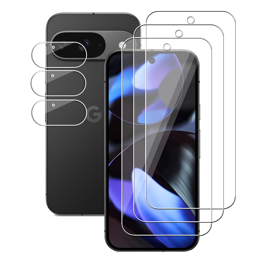 (3+3) For Google Pixel 9 (6.3") (3 Pack) Tempered Glass Screen Protector and (3 Pack) Camera Lens Protector, 9H Hardness, 2.5D, Anti Scratch, HD Clear