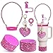 VirgoCCY 5PCS Stanley Cup Accessories Set 30&40 Oz, Includes 1 Diamond Glitter Silicone Boot, 1 Glitter Handle Strap, 1 Straw Covers,1 Straw Adapters Charm Blank with 1 Glitter Charms, Hot Pink