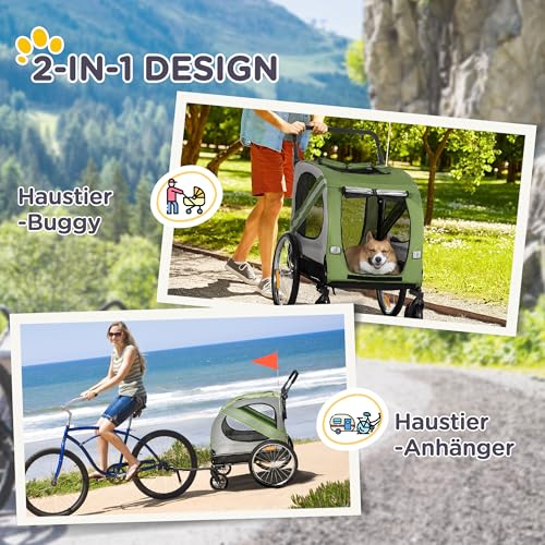 PawHut 2-in-1 Hundeanhänger & Hundebuggy, Hundefahrradanhänger Fahrradanhänger, Hundewagen mit Reflektoren für Mittelgroße Hunde bis 20 kg, Oxford-Gewebe, Grün