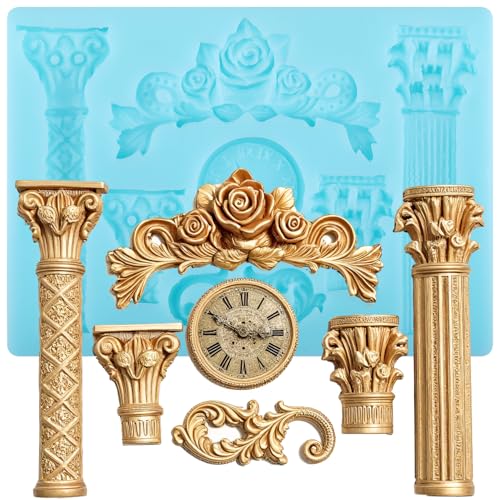 YABONAN Roman Column Silicone Fondant Molds Greek Marble Pillars Bas Relief Retro European Pattern Clock Mold for Cake Decorating Cupcake Topper Chocolate Candy Gum Paste Polymer Clay