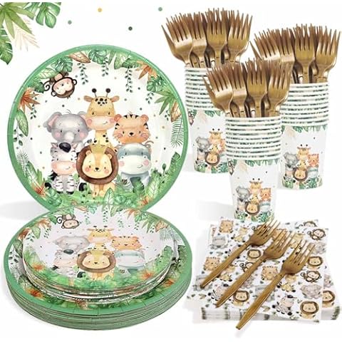 Safari Jungle Baby Shower Plates Set Decorations Boy Birthday Party Supplies Serves 25,Sage Green Plates Napkins Cups and Forks Animals Theme Disposable Tableware Set Cover