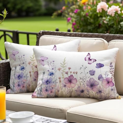 Vorysum Housse de Coussin Imperméable 30x50 cm Extérieur Décoration Double Face Fleurs été - Violet pour Jardin/Piscine/Extérieur - Lot de 2