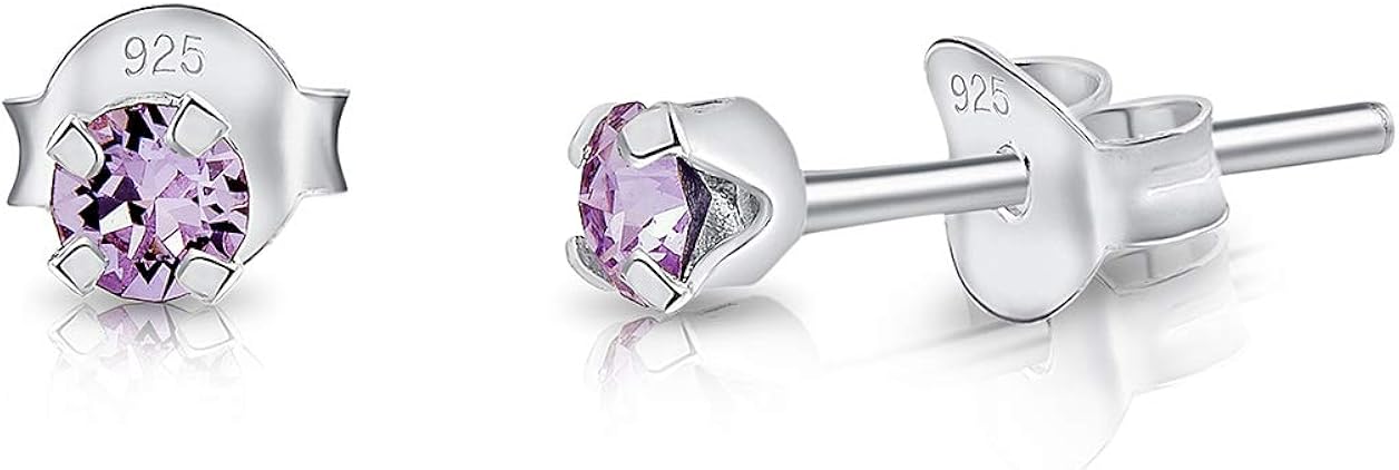 925 Sterling Silver Round Tiny Stud Earrings made with Glittering Crystals, Small Silver Studs Earrings for Woman