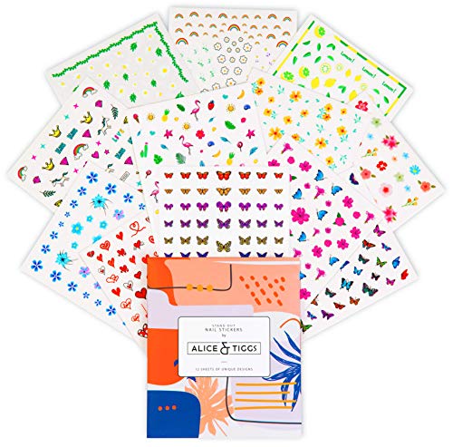 Alice & Tiggs Set of 12 Sheets Nail Art Stickers - Designer Nail Decals - Butterfly Nail Stickers For Women - Nail Stickers For Kids - Butterfly Nail Decals - Nail Sticker for Nail Decor