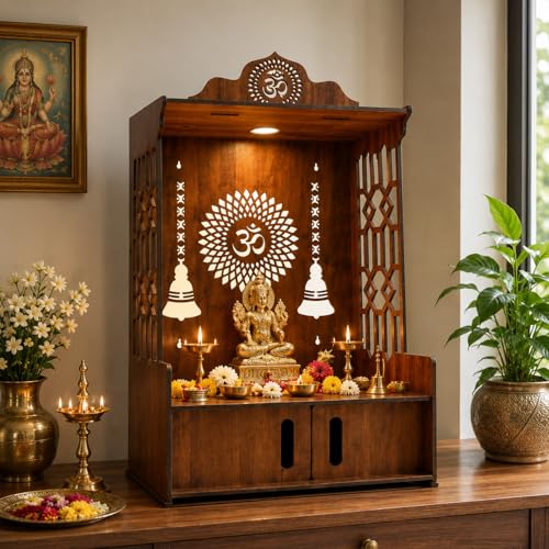 Image of SIGNAMIO Mandir for Home with LED Light | Wooden MDF Puja Mandir | Wall Mounted Temple | Home Temple with Storage Drawer | Decorative Wooden Temple for Living Room & Prayer Room