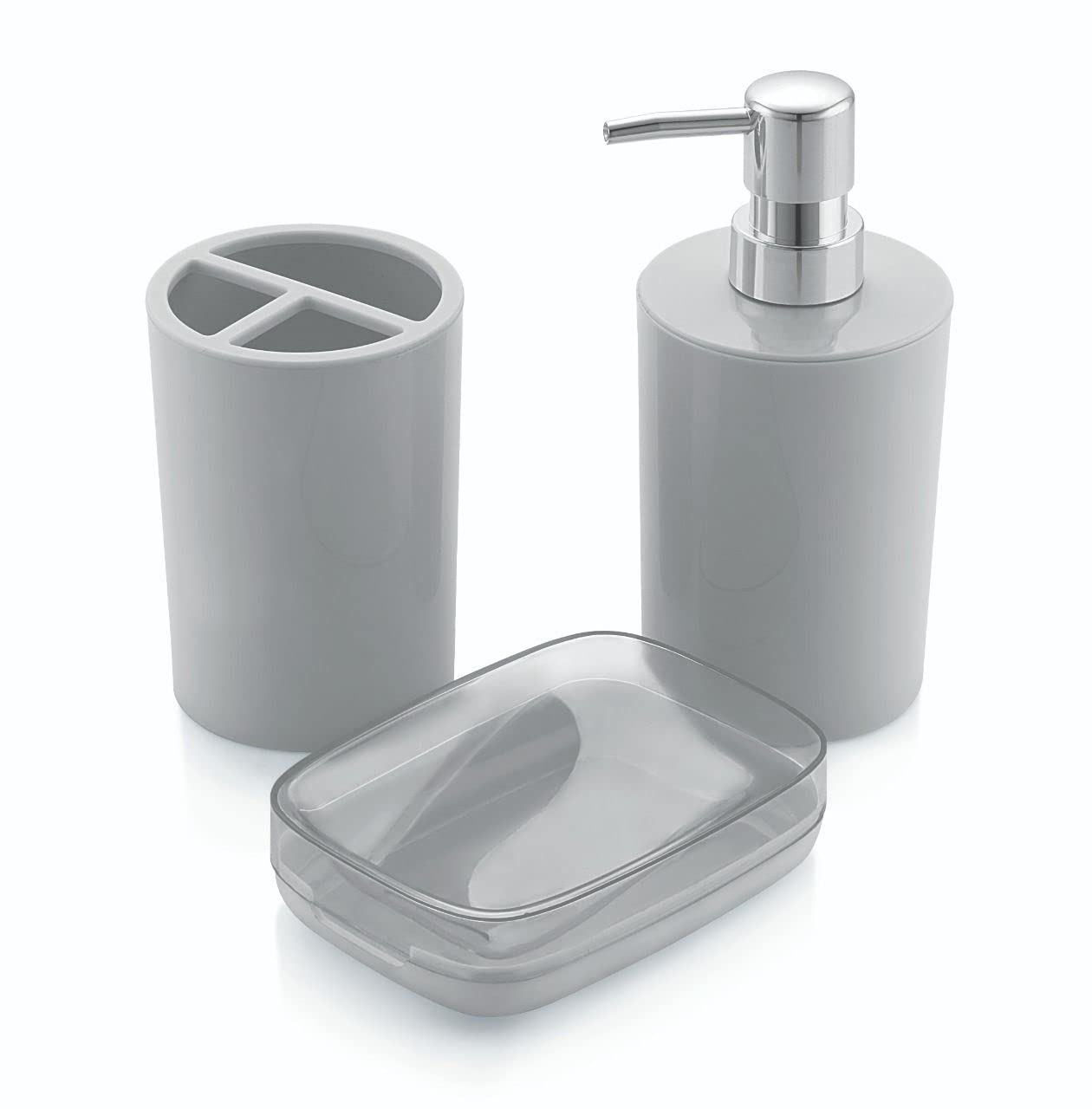 NimboseĀ® Bathroom Set Accessories, 3 Pieces Bathroom Accessory Sets with Soap/Lotion Dispenser, Tumbler/Brush Holder & Soap Dish/Case (White Color, 1 Set)