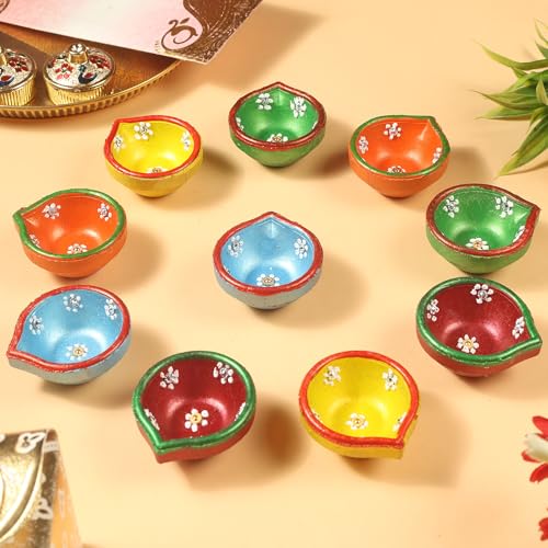KSJONE 30 Pcs Hand Painted Diya with Cotton Wicks Oil Lamp Indian Festive Home Decoration Traditional Temple Pooja Laxmi Puja Diyas Diwali Decor by KSJONE - Image 4