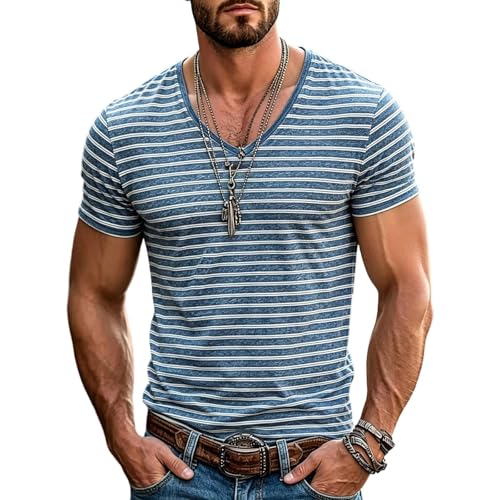 Camisa de hombre de verano, camisa de manga corta con cuello redondo horizontal efecto usado para un estilo casual y una comodidad óptima, azul marino, S