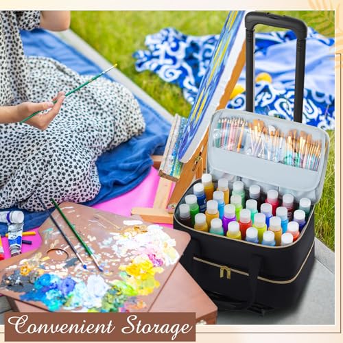 Image of Abbylike Acrylic Paint Organizer Double Layer Bag with Foldable Cart - 56 Shockproof Foam Slots for 2oz Bottles, Portable Art Supply Storage Case for Travel Friendly Artists, Black