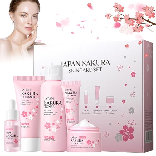 Sakura Ensemble De Soins De La Peau,Coffret Cadeau Femme Soins pour le Visage,Kit de Soins de Peau Hydratants,Coffret Cadeau pour Hydratation et Nettoyage de Peau,Convient à Tous Types de Peau(5-Set)