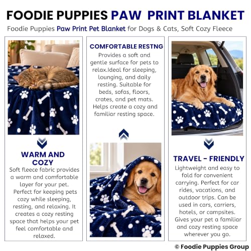 Image of Foodie Puppies Pet Blanket for Dogs & Cats - Navy Blue Paw Print Fleece Blanket, Soft Cozy Washable Cover for Puppies, Kittens & Pets | 39 x 30 Inch