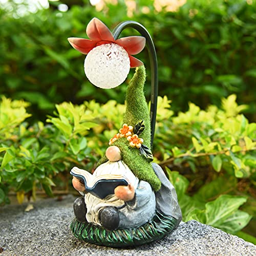 E.sun Craft, Solar Garden Gnome Resin Gnomes Figurine Reading Book With A Solar Powered Led Flower Light Outdoor Summer Autumn Decorations For Patio Yard Lawn Porch Pond Green Hat #TOP12