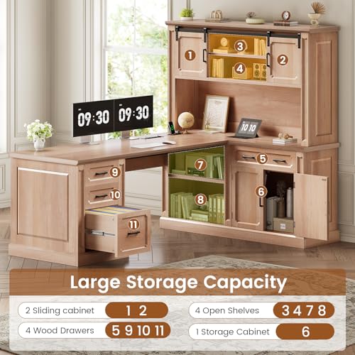 Image of SEDETA 67 inch Farmhouse Desk with Hutch, L Shaped Office Desk with 4 Drawers & Storage Cabinet, Executive Corner Computer Desk with Sliding Doors, File Drawer & Power Outlet for Home Office, Oak