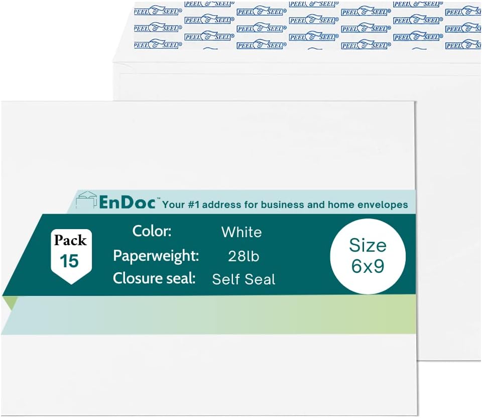 EnDoc 6x9 Self Seal Booklet Envelopes 15 Pack 28lb. Paper, Open Side Shipping Envelope, Designed For Photography, Holiday Cards, Invitations, School & Office.