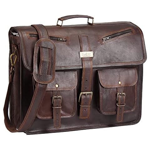 HULSH Leather Messenger Bag for Men and Women in 18 Inch | Best Laptop Briefcase Satchel with Adjustable Strap | Genuine Leather Handmade Computer Shoulder Bag for Business, Office, Travel Cover